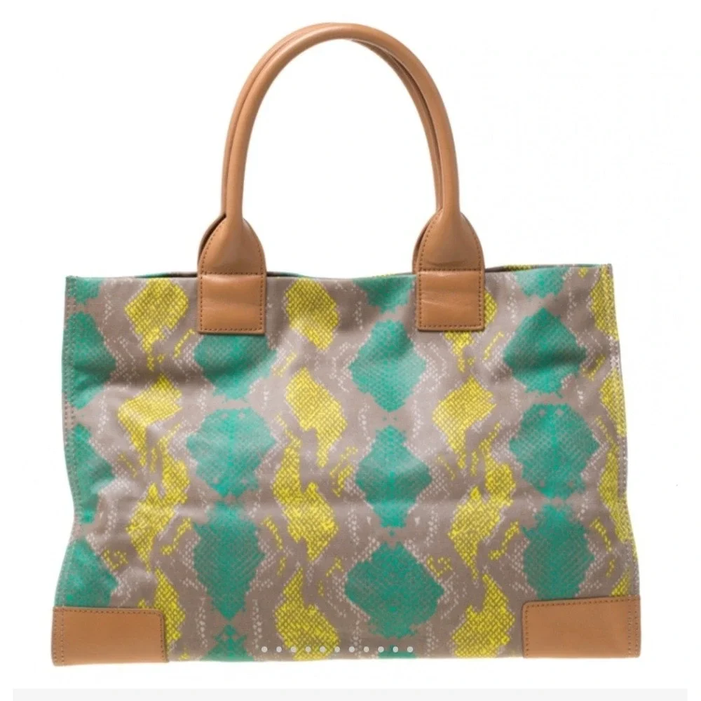 Tory Burch Ella Tote Bag Green Yellow Snakeskin Print‎ Canvas Leather Trim Large